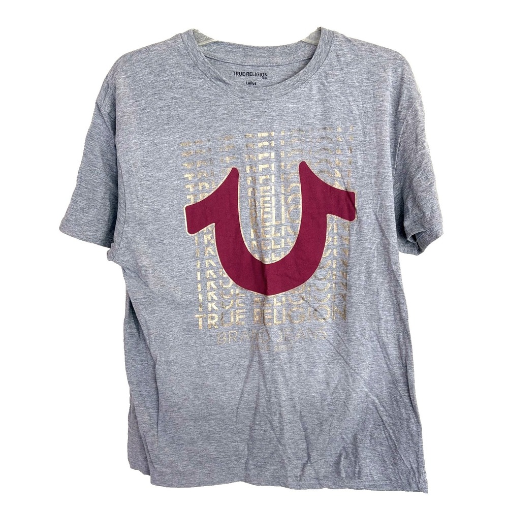 True Religion Shirt Mens Large Gray Gold Logo Graphic Tee T-Shirt Casual Cotton
